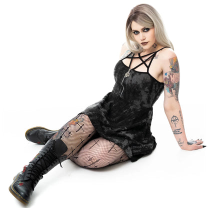 Schwarz-graues Kleid GHOUL DRESS mit Pentagramausschnitt von Heartless