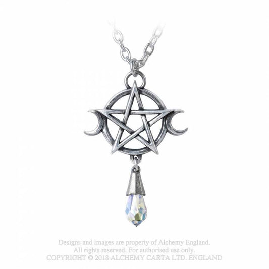 Goddess Kette von Alchemy mit einem verwobenen Pentagramm-Anhänger, verziert mit kleinen Mondsicheln auf beiden Seiten und einem transparenten Swarovski-Kristalltropfen
