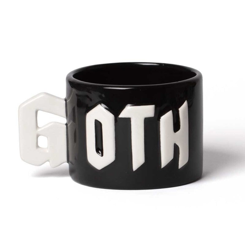 Handbemalter schwarzer Becher Goth Statement Mug mit weißen, glasierten Buchstaben von Alchemy