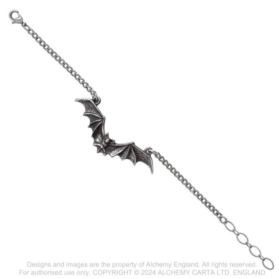 Silberfarbendes Gothic Bat Armband mit Fledermaus aus Zinn von Alchemy