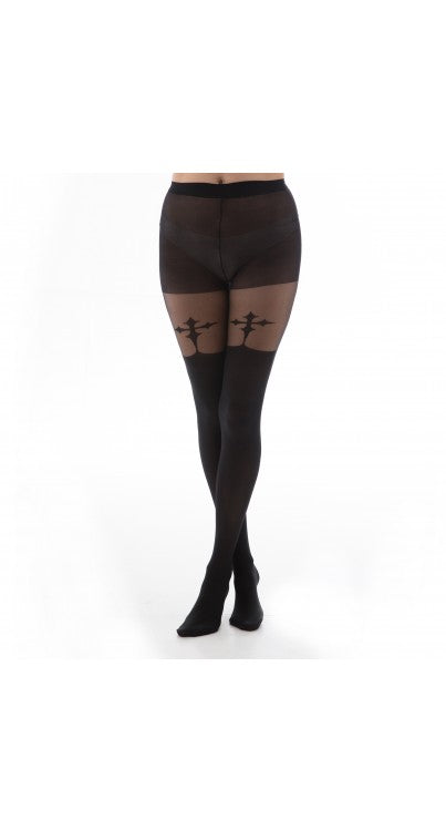 Schwarze Nylonstrumpfhose Gothic Cross Suspender Tights mit Kreuz auf dem Oberschenkel von Pamela Mann