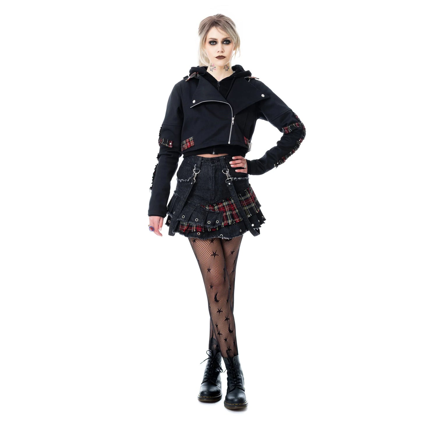 Schwarze Jacke GRAVEYARD JACKET mit Tartan Elementen und Zierschnürung von Heartless