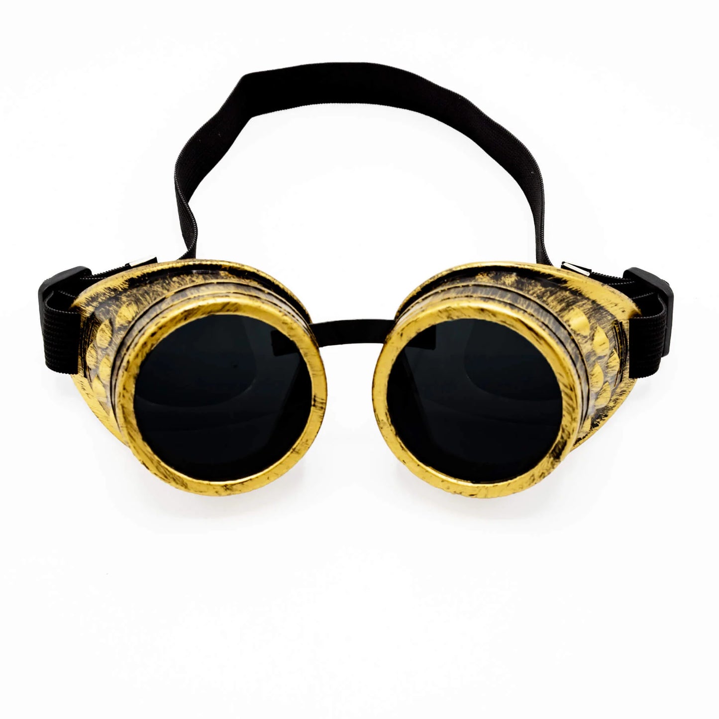 Nahaufnahme der bronzefarbenden Steampunkbrille GRIM GOGGLES im Used-Look von Poizen Industries