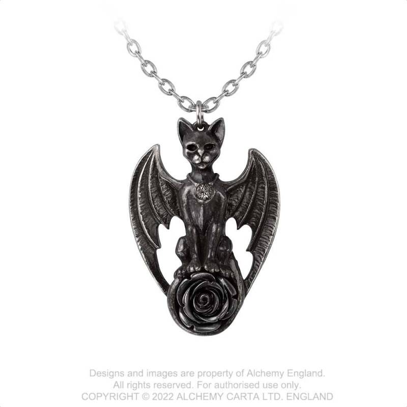 Guardian of Soma Kette von Alchemy mit schwarzem Katzenanhänger mit Flügeln aus geschwärztem Zinn mit eingelassenem schwarzem Kristall und Acryl-Rose
