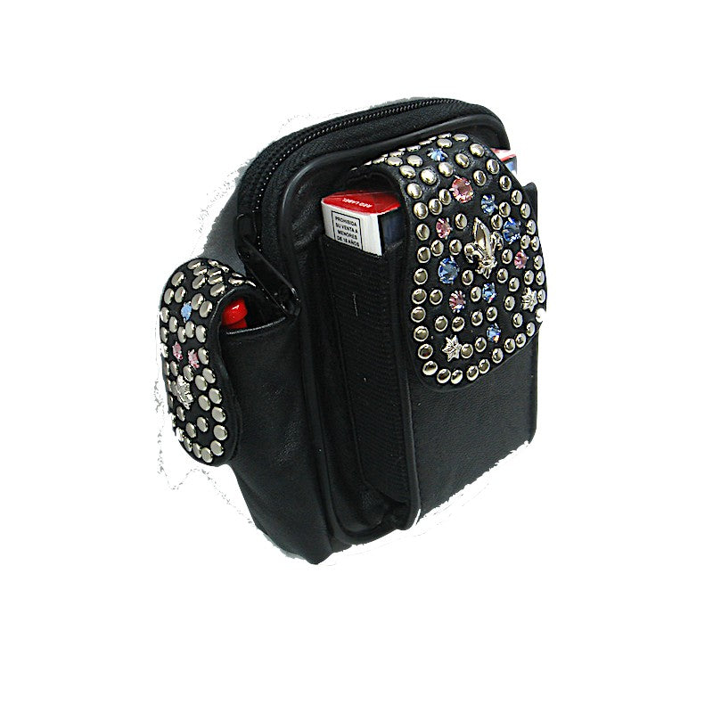 Schwarze, kleine Ledertasche Gürteltasche Rosa/Blau vom Strass-Depot