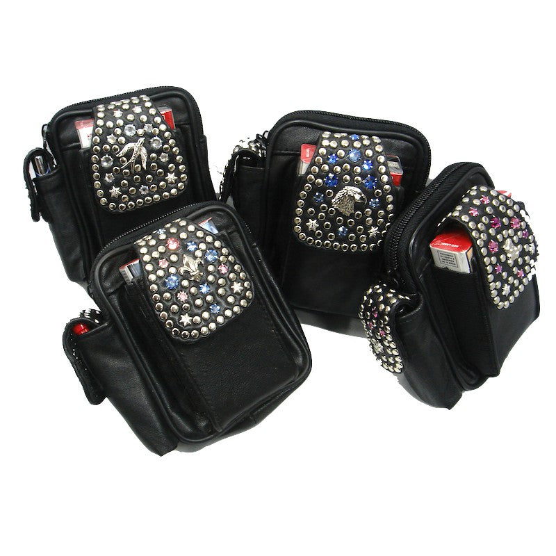 Schwarze, kleine Ledertasche Gürteltasche Rosa/Blau vom Strass-Depot