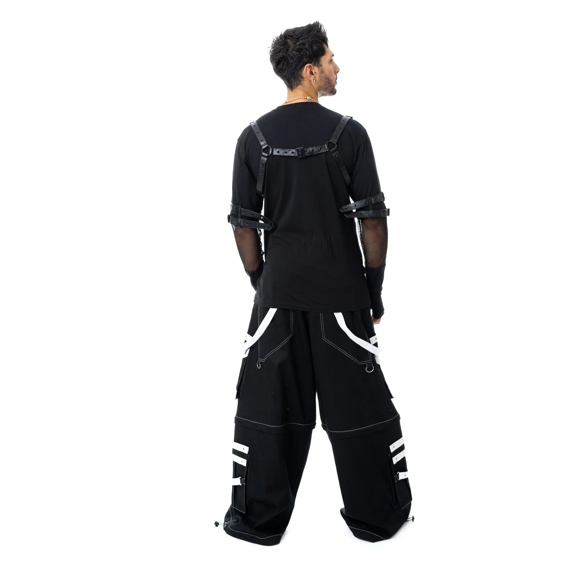 Schwarzes Oberteil HARLAND TOP mit Meshelementen und Kunstlederbändern von Heartless