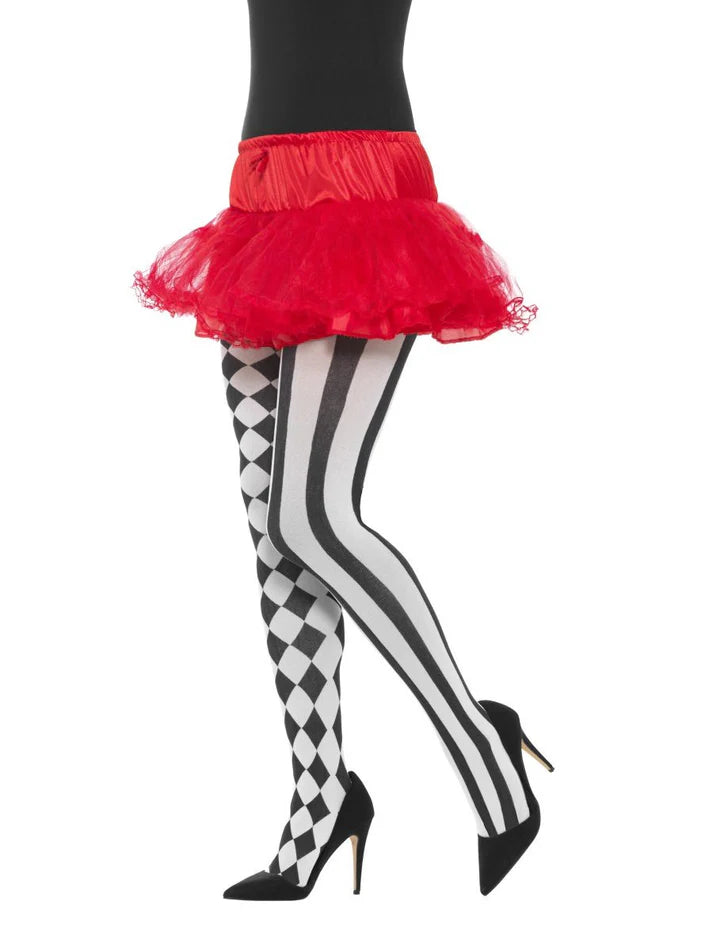 Schwarz-weiße Strumpfhose Harlequin Tights mit unterschiedlich gemusterten Beinen von Smiffys