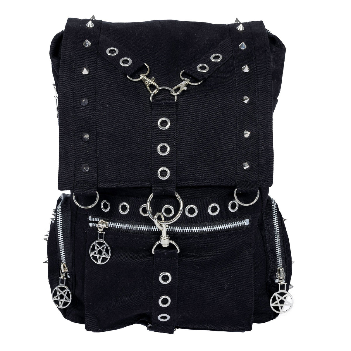 Schwarzer Stoffrucksack HECATE BAG mit vielen Nieten- und Ösendetails von Heartless