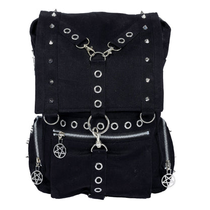 Schwarzer Stoffrucksack HECATE BAG mit vielen Nieten- und Ösendetails von Heartless