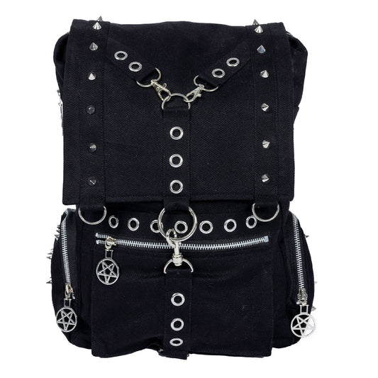 Schwarzer Stoffrucksack HECATE BAG mit vielen Nieten- und Ösendetails von Heartless