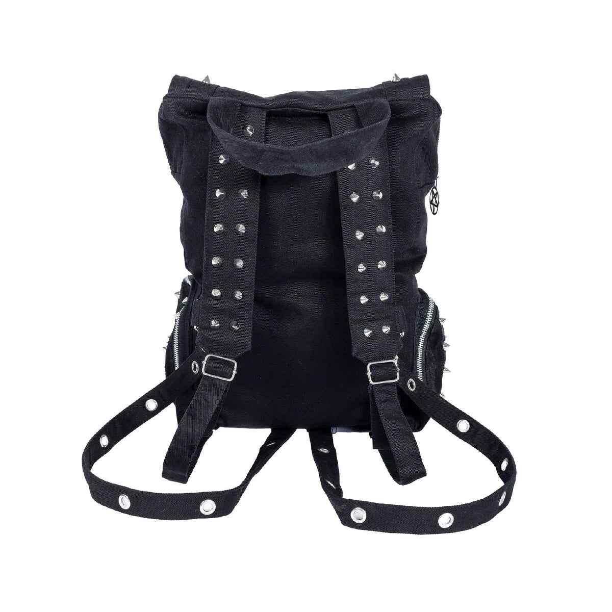 Schwarzer Stoffrucksack HECATE BAG mit vielen Nieten- und Ösendetails von Heartless