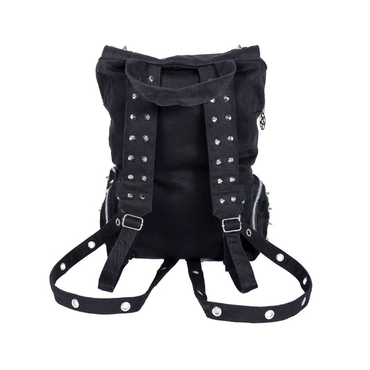 Schwarzer Stoffrucksack HECATE BAG mit vielen Nieten- und Ösendetails von Heartless