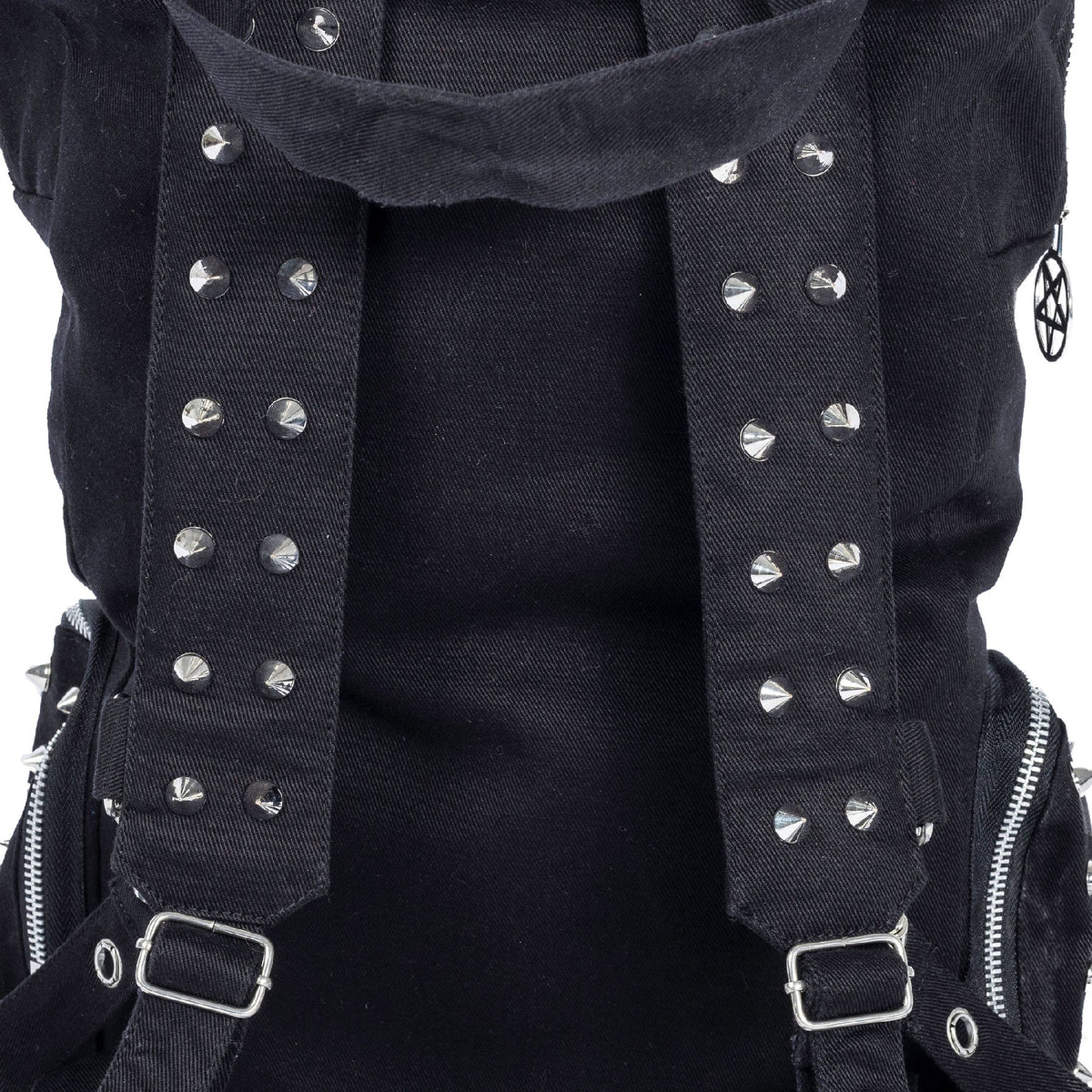 Schwarzer Stoffrucksack HECATE BAG mit vielen Nieten- und Ösendetails von Heartless