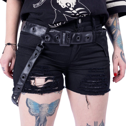 Schwarze, enge Hotpants HECATE SHORTS im Distressed-Look mit abnehmbaren Riemen von Heartless