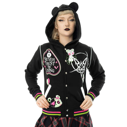 Schwarze Collegejacke HEX BEAR VARSITY JACKET mit Teddy-Print in pink-grünem Design von Heartless