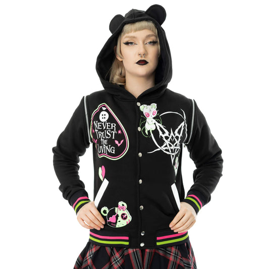 Schwarze Collegejacke HEX BEAR VARSITY JACKET mit Teddy-Print in pink-grünem Design von Heartless
