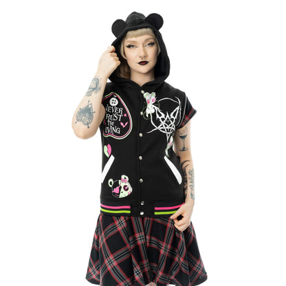 Schwarze Collegejacke HEX BEAR VARSITY JACKET mit Teddy-Print in pink-grünem Design von Heartless