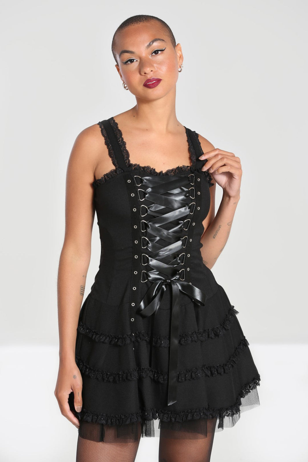 Schwarzes Mini-Kleid Harley Dress im Punk-Stil mit Zierschnürung von Hellbunny