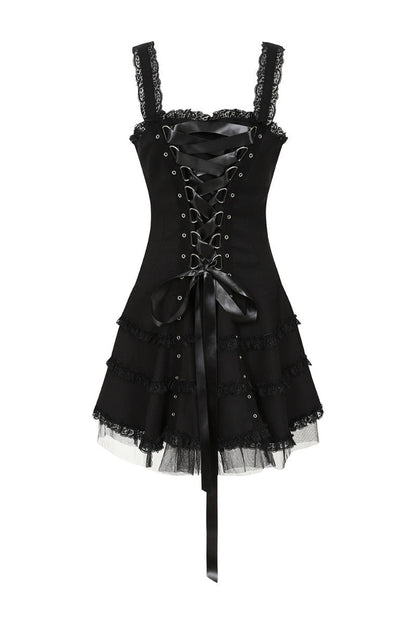 Schwarzes Mini-Kleid Harley Dress im Punk-Stil mit Zierschnürung von Hellbunny