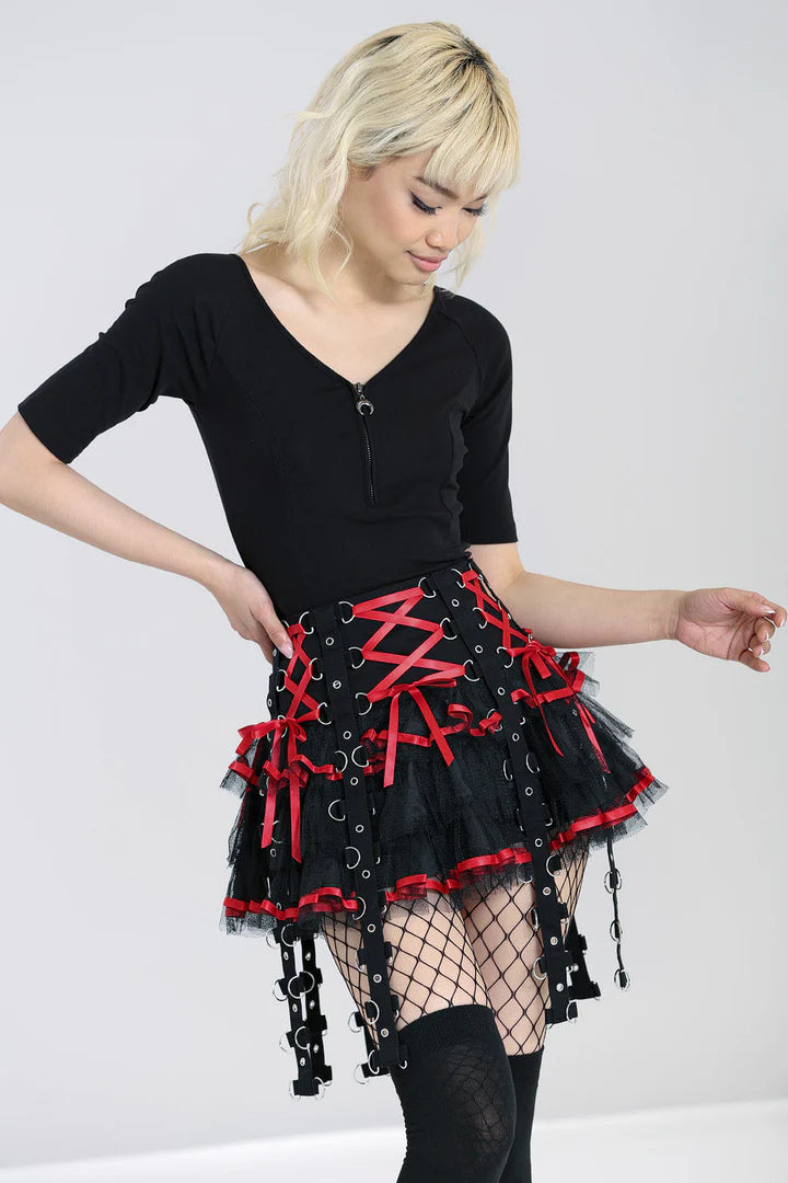 Roter kurzer Rock Chai Skirt Black im Tutu-Stil mit vielen Ösen und Schnürungen von Hellbunny