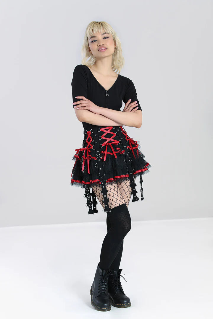 Roter kurzer Rock Chai Skirt Black im Tutu-Stil mit vielen Ösen und Schnürungen von Hellbunny