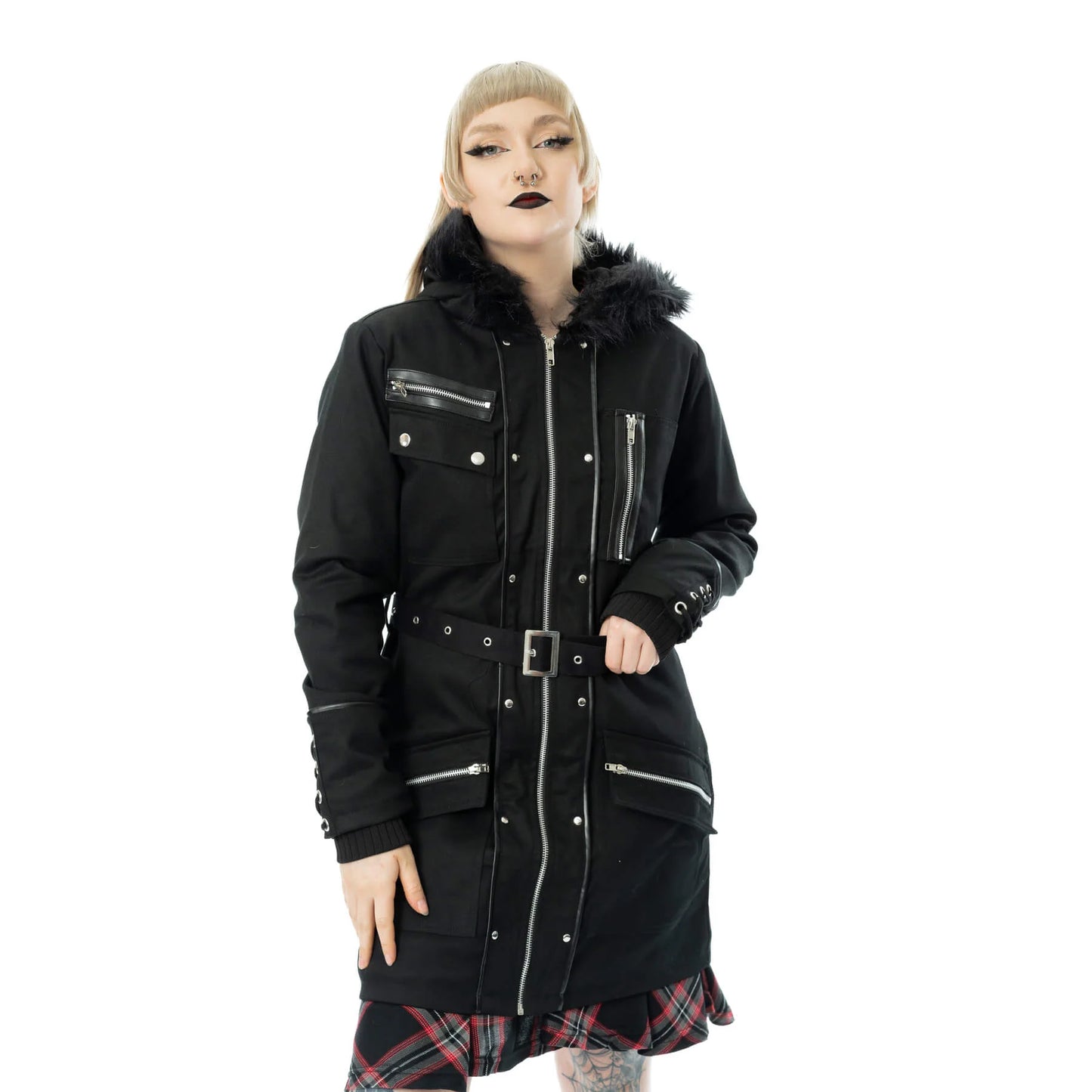 Schwarze, lange Jacke HONORA JACKET mit großer Kapuze von Poizen Industries