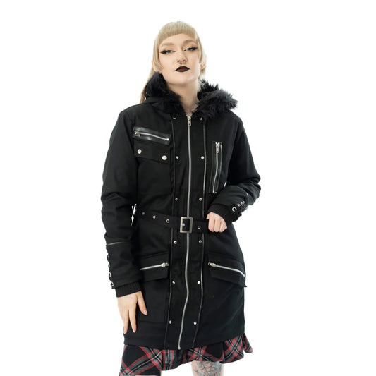 Schwarze, lange Jacke HONORA JACKET mit großer Kapuze von Poizen Industries