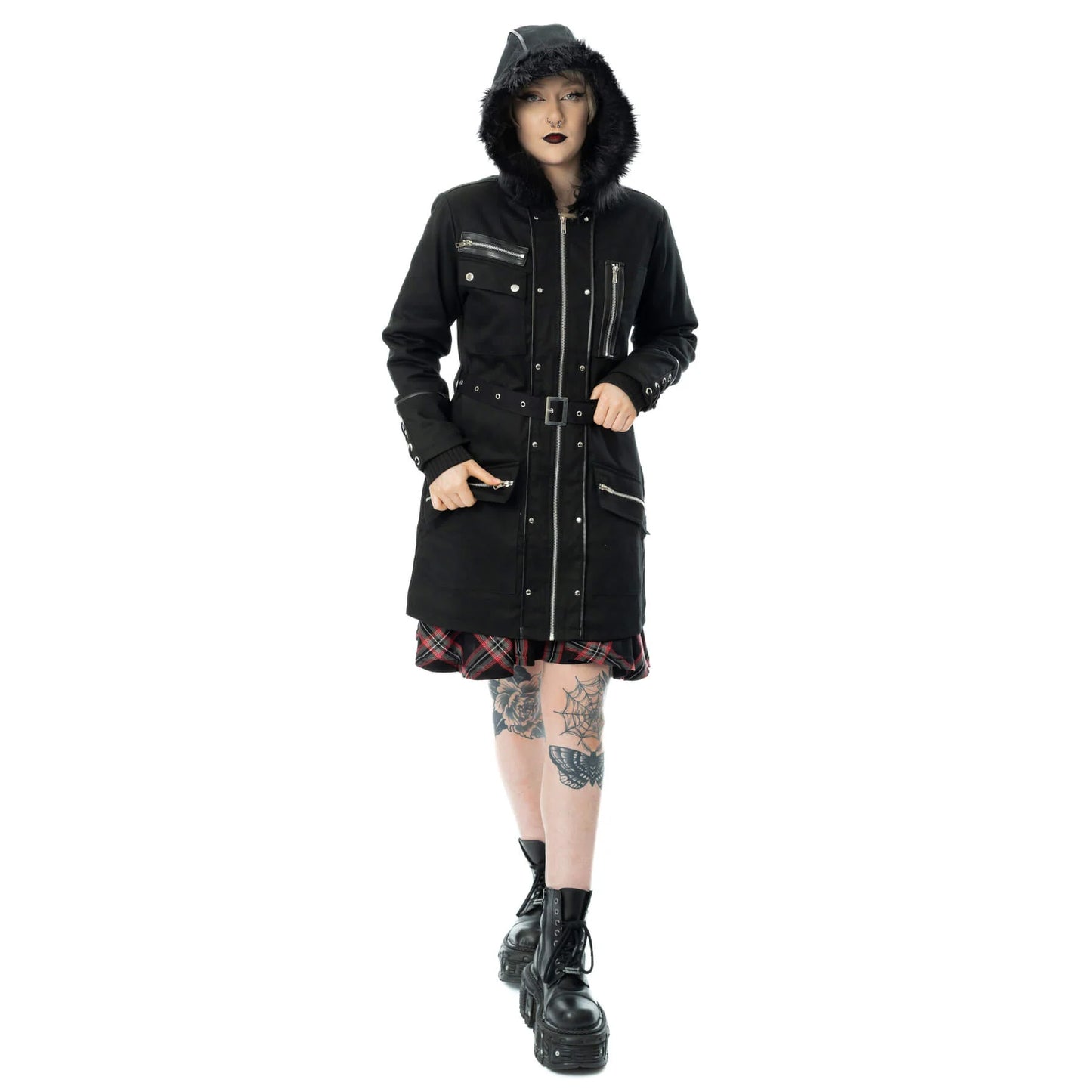 Schwarze, lange Jacke HONORA JACKET mit großer Kapuze von Poizen Industries