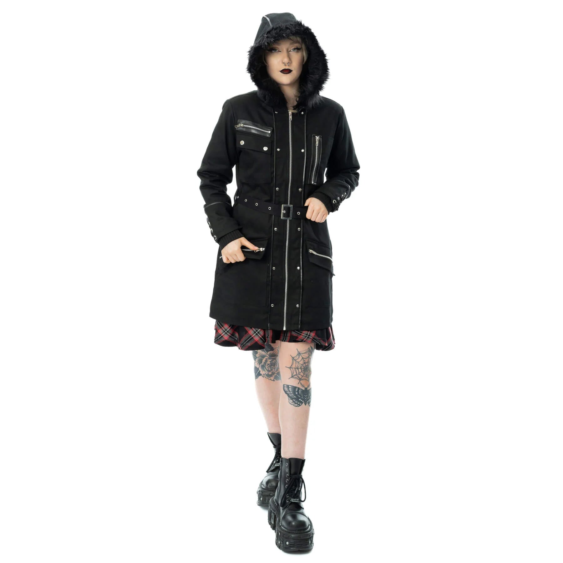 Schwarze, lange Jacke HONORA JACKET mit großer Kapuze von Poizen Industries