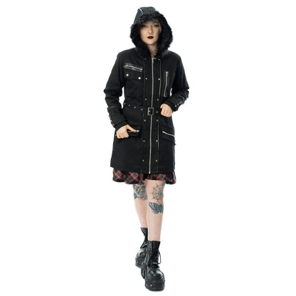 Schwarze, lange Jacke HONORA JACKET mit großer Kapuze von Poizen Industries