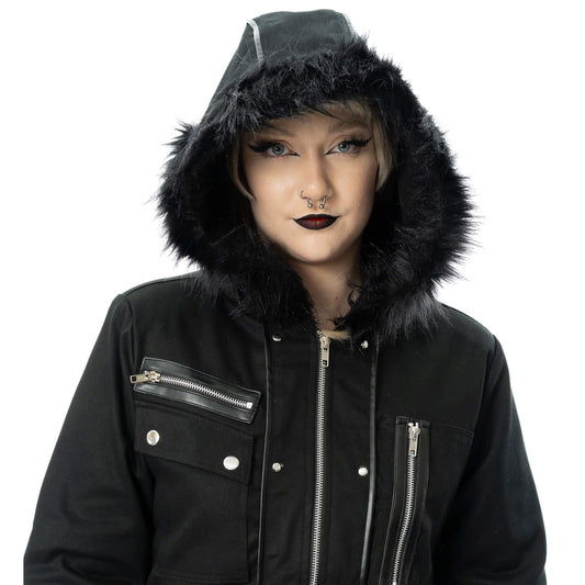 Schwarze, lange Jacke HONORA JACKET mit großer Kapuze von Poizen Industries