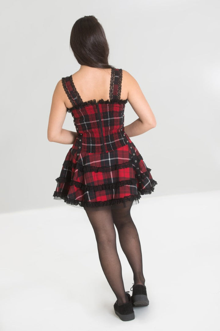 Rückseite rot-schwarzes Schottenkaro-Kleid Harley Tartan Dress im Punk-Stil mit Zierschnürung von Hellbunny