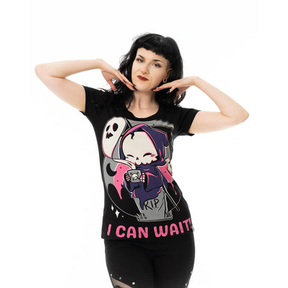Schwarzes Oberteil I CAN WAIT T-SHIRT mit niedlichem Sensenmannprint von Cupcake Cult