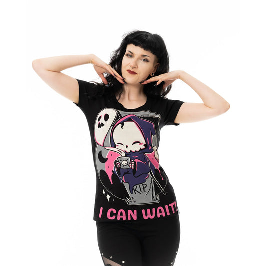 Schwarzes Oberteil I CAN WAIT T-SHIRT mit niedlichem Sensenmannprint von Cupcake Cult
