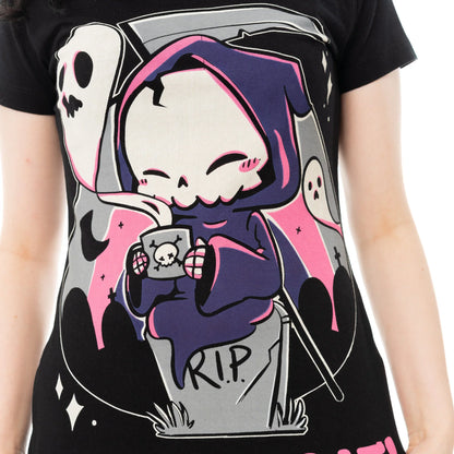 Schwarzes Oberteil I CAN WAIT T-SHIRT mit niedlichem Sensenmannprint von Cupcake Cult