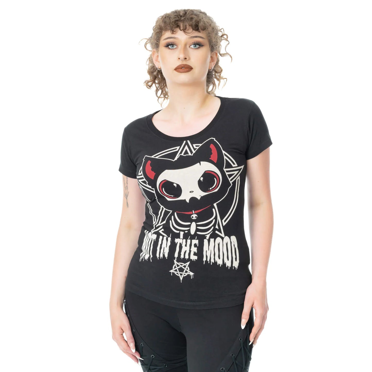 Schwarzes Oberteil IN THE MOOD T-SHIRT mit niedlichem Skelettkatzenprint von Cupcake Cult