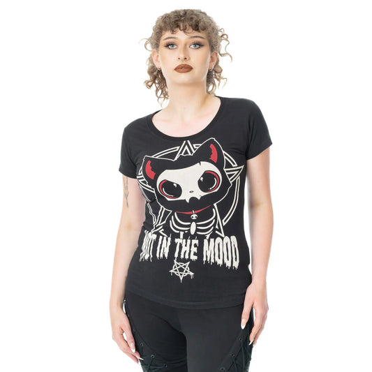 Schwarzes Oberteil IN THE MOOD T-SHIRT mit niedlichem Skelettkatzenprint von Cupcake Cult