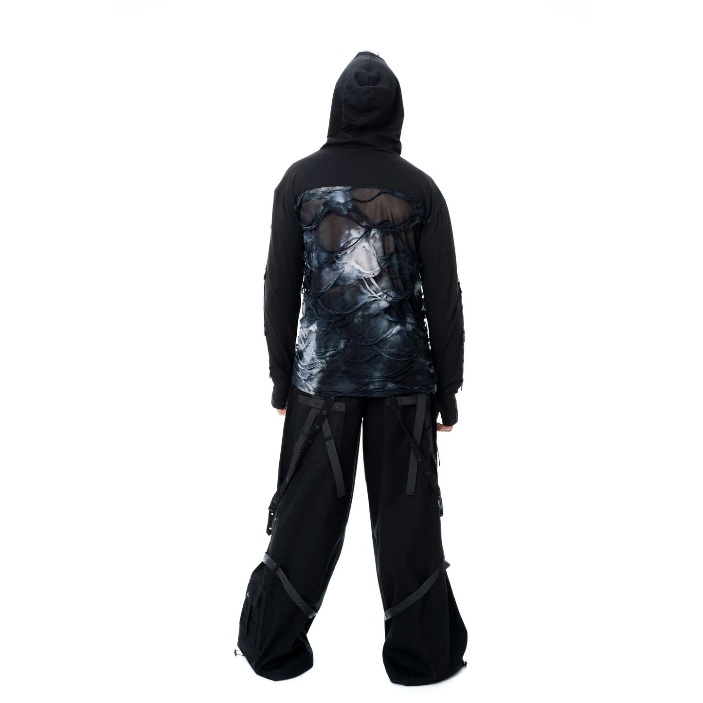 Schwarzes, langärmliges Shirt JAVIER TOP mit Maske und Kapuze und Elementen im destroyed Look von Chemical Black