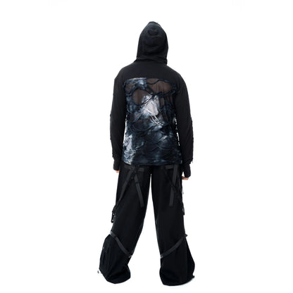 Schwarzes, langärmliges Shirt JAVIER TOP mit Maske und Kapuze und Elementen im destroyed Look von Chemical Black