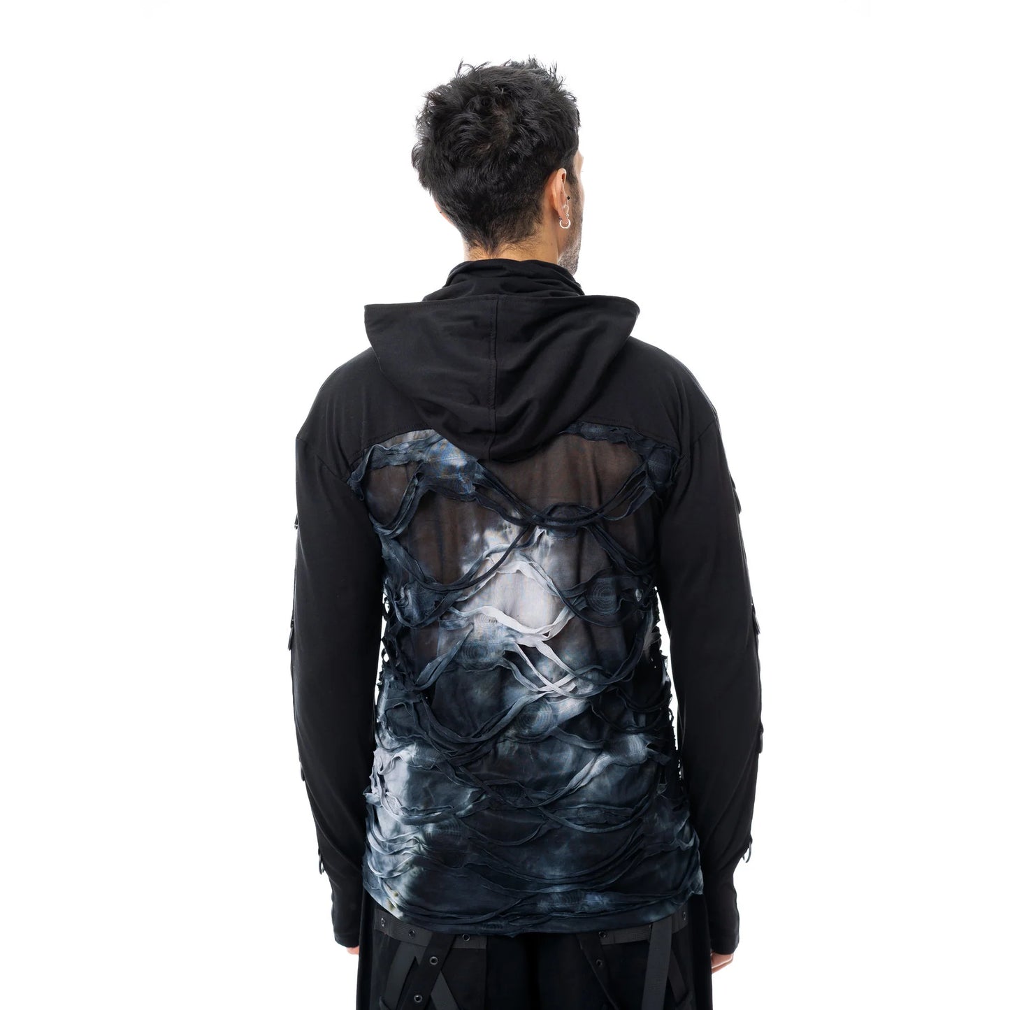 Schwarzes, langärmliges Shirt JAVIER TOP mit Maske und Kapuze und Elementen im destroyed Look von Chemical Black