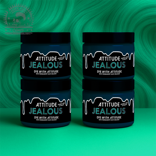 Vier semi-permanente Haartönungen 4er-Sparset JEALOUS DARK GREEN in dem Farbton Waldgrün von Attitude