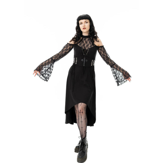 Schwarzes Kleid KATAYUN DRESS mit Kreuzprint auf der Vorderseite und Spitzenelementen von Poizen Industries