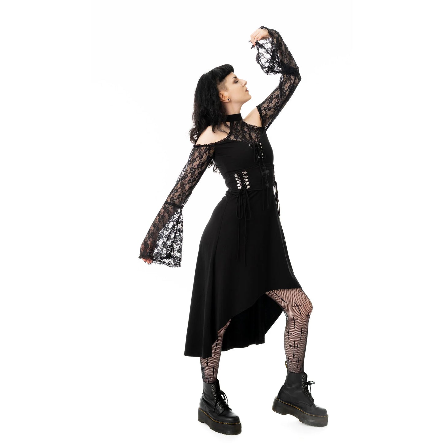 Schwarzes Kleid KATAYUN DRESS mit Kreuzprint auf der Vorderseite und Spitzenelementen von Poizen Industries