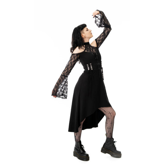 Schwarzes Kleid KATAYUN DRESS mit Kreuzprint auf der Vorderseite und Spitzenelementen von Poizen Industries