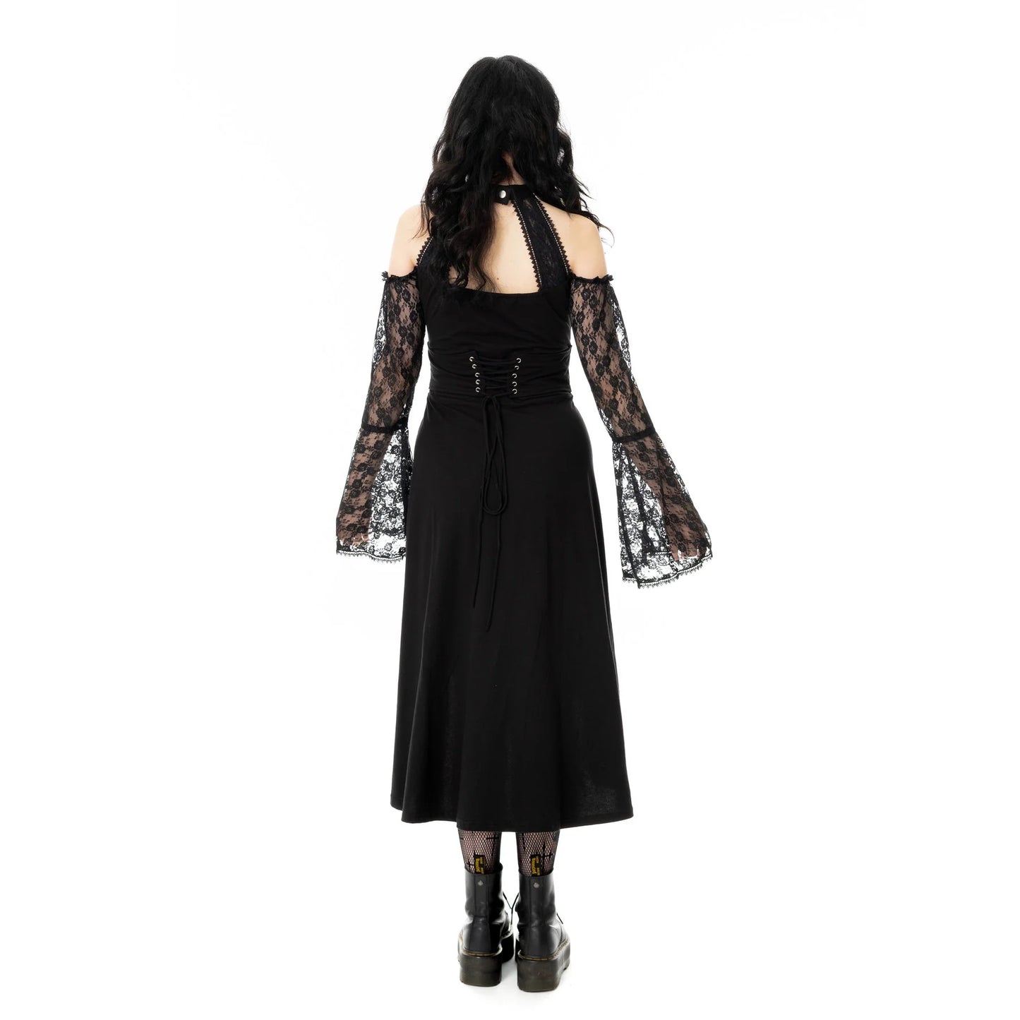 Schwarzes Kleid KATAYUN DRESS mit Kreuzprint auf der Vorderseite und Spitzenelementen von Poizen Industries