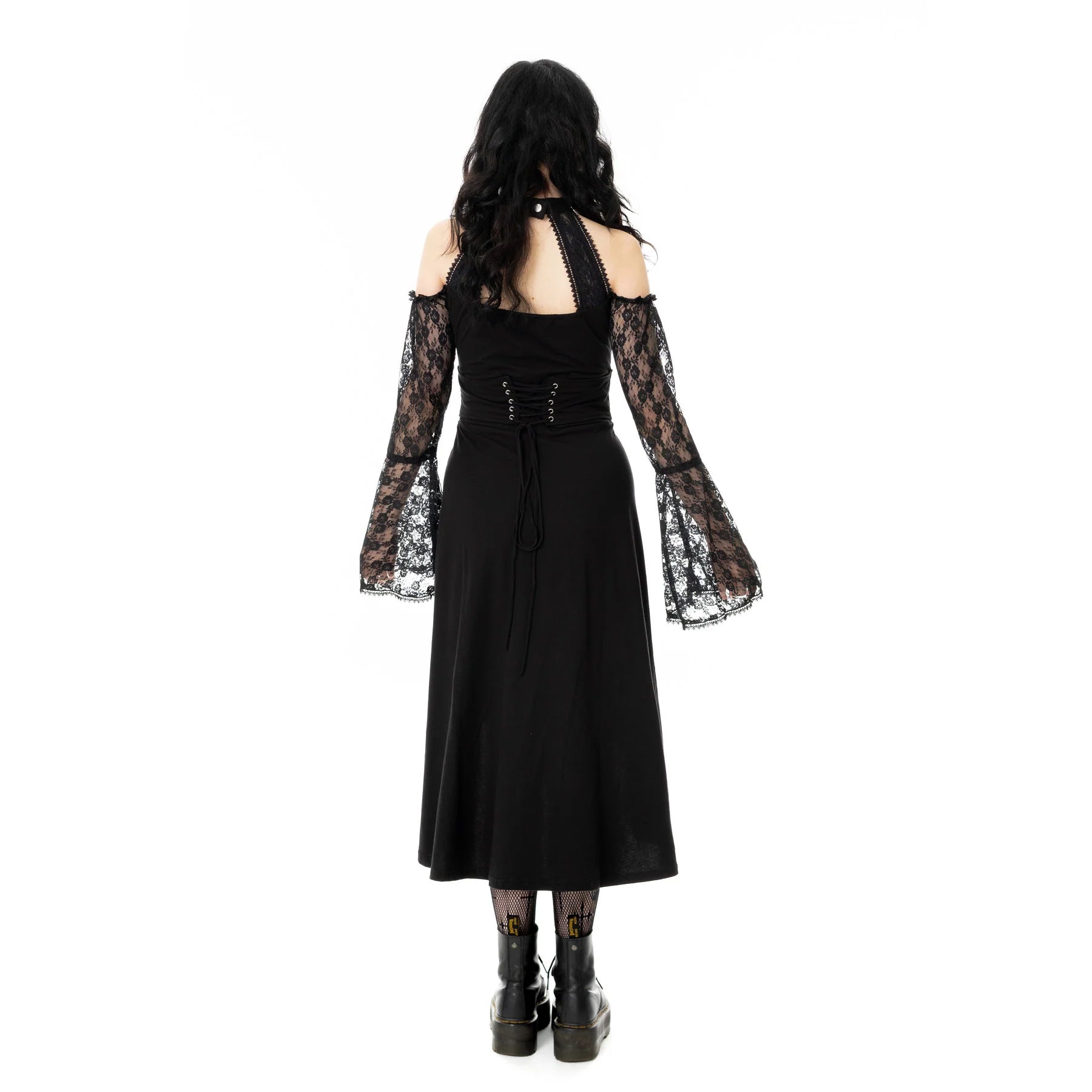 Schwarzes Kleid KATAYUN DRESS mit Kreuzprint auf der Vorderseite und Spitzenelementen von Poizen Industries