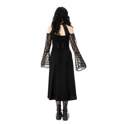 Schwarzes Kleid KATAYUN DRESS mit Kreuzprint auf der Vorderseite und Spitzenelementen von Poizen Industries