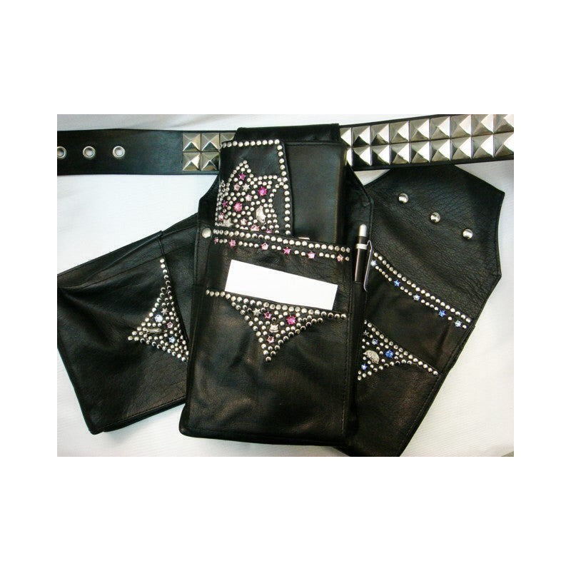 Schwarze Ledergürteltasche Holster Rosa/Blau vom Strass-Depot