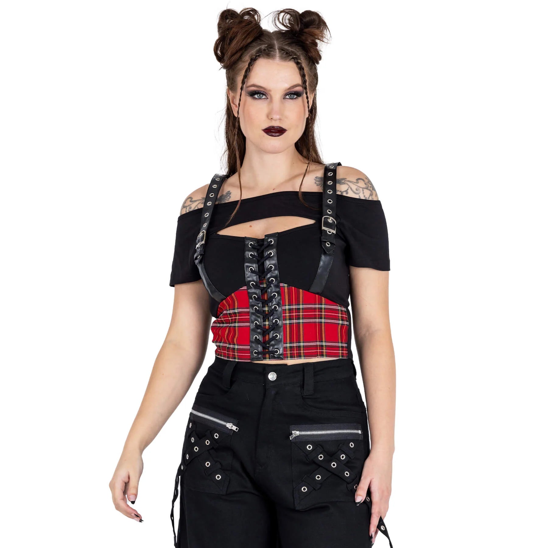 Schwarzes, schulterfreies KHLOE TOP mit Tartan-Muster, Schnürung und Zierausschnitten von Vixxsin